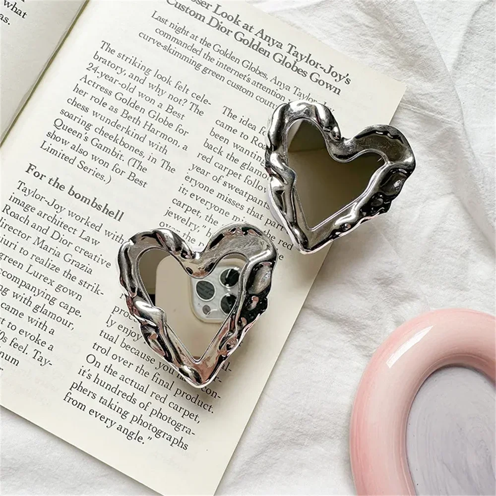 Silver Heart Grip Mirror Mobile Pop Socket