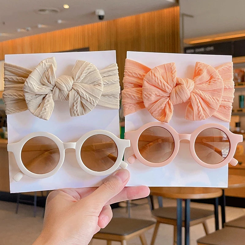 New Children Solid Color Cotton Bowknot Wide Hairband Round Sunglasses Set