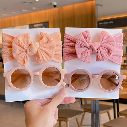 New Children Solid Color Cotton Bowknot Wide Hairband Round Sunglasses Set