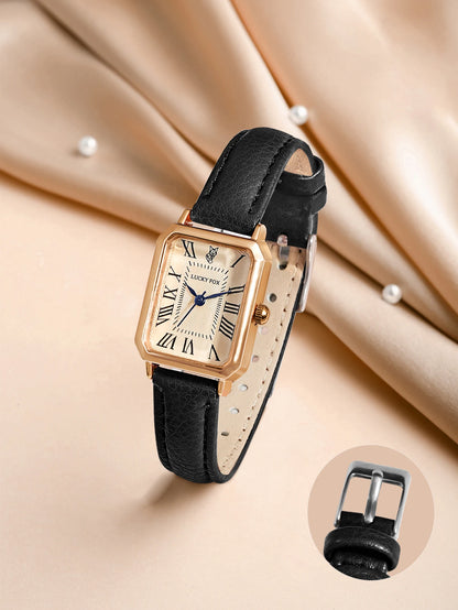 Roman Numeral Square Alloy Watch with Leather Strap