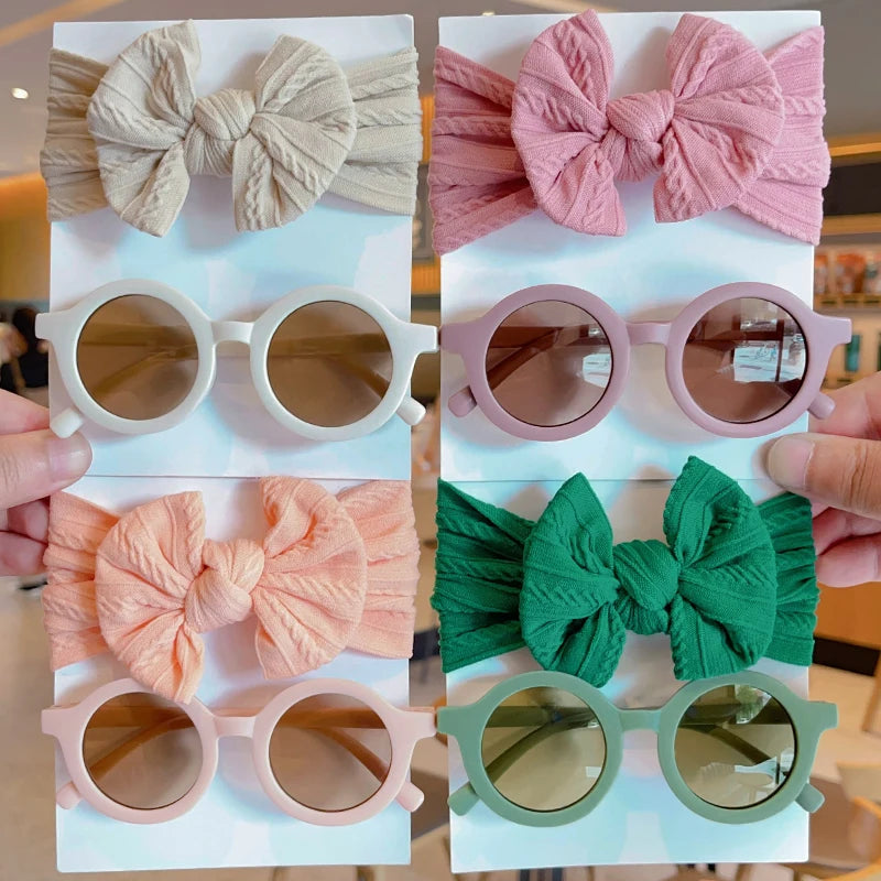 New Children Solid Color Cotton Bowknot Wide Hairband Round Sunglasses Set