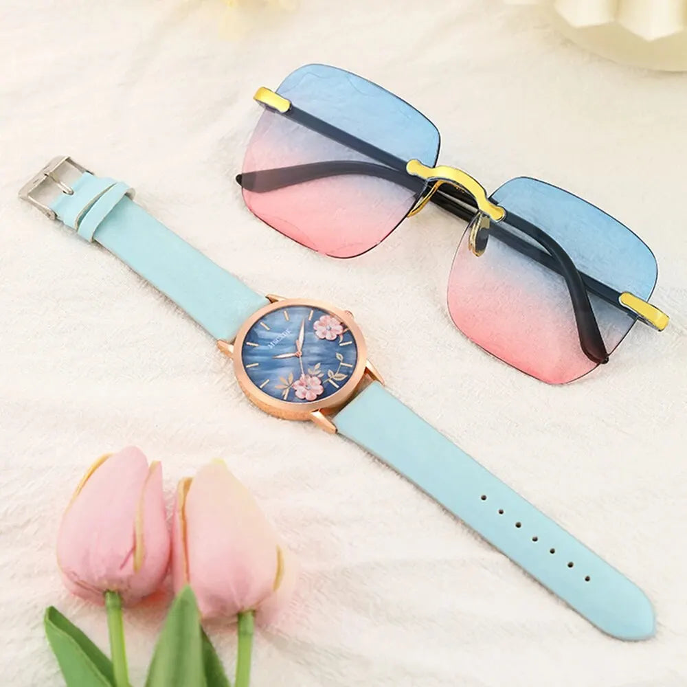 Women's Watch & Glasses Set - Elegant Quartz Timepiece & Chic Eyewear