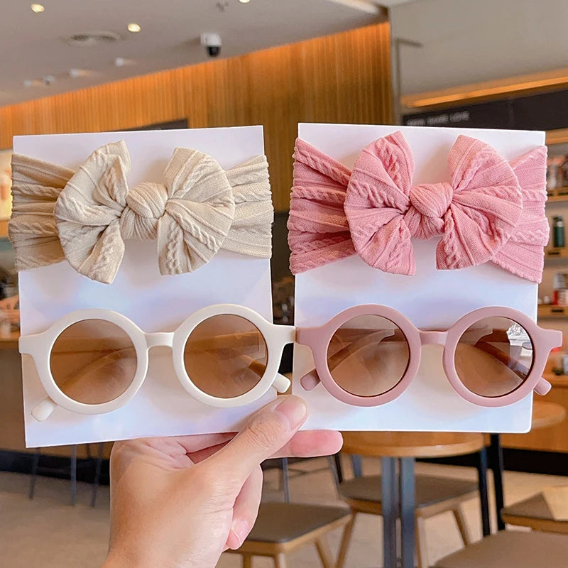 New Children Solid Color Cotton Bowknot Wide Hairband Round Sunglasses Set