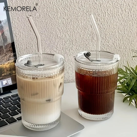 Stripe Glass Cup With Lid and Straw