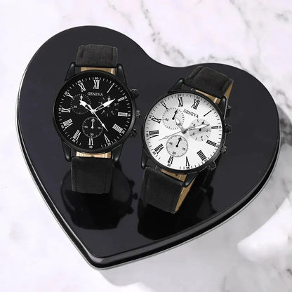 Matching Couple Quartz Watches – Stylish Roman Numeral Design with Leather Bands