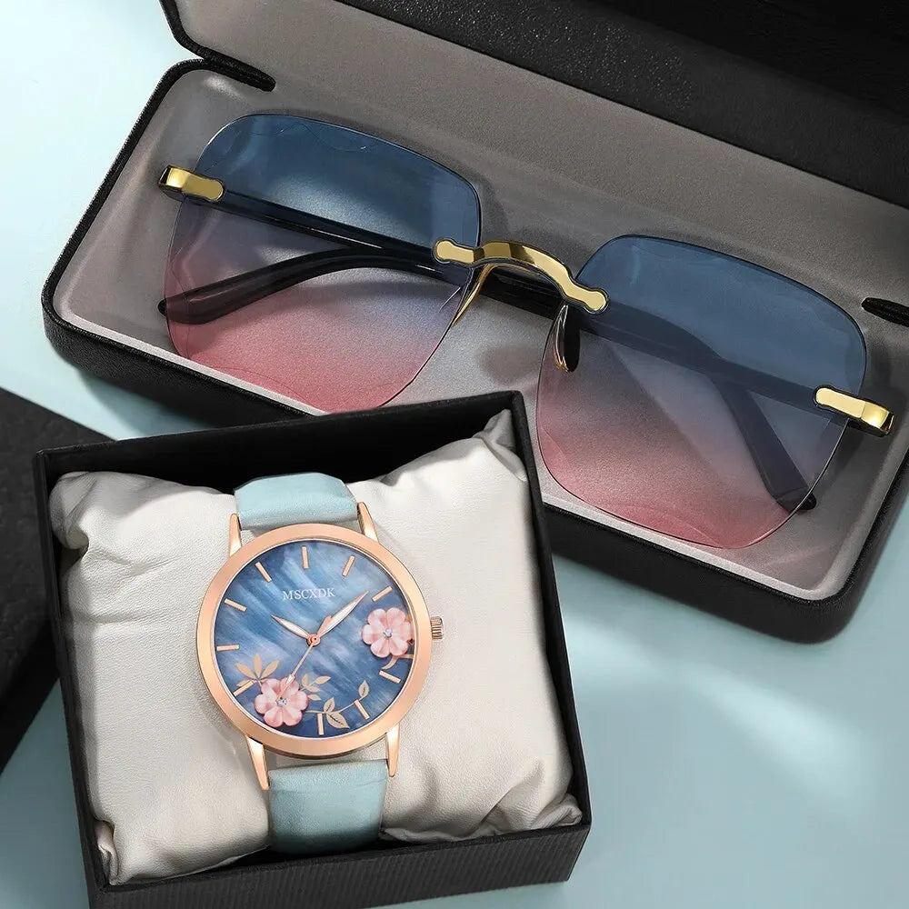 Women's Watch & Glasses Set - Elegant Quartz Timepiece & Chic Eyewear