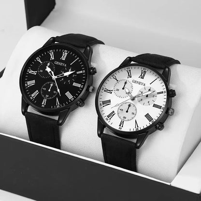 Matching Couple Quartz Watches – Stylish Roman Numeral Design with Leather Bands