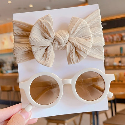 New Children Solid Color Cotton Bowknot Wide Hairband Round Sunglasses Set