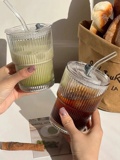 Stripe Glass Cup With Lid and Straw