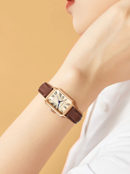 Roman Numeral Square Alloy Watch with Leather Strap