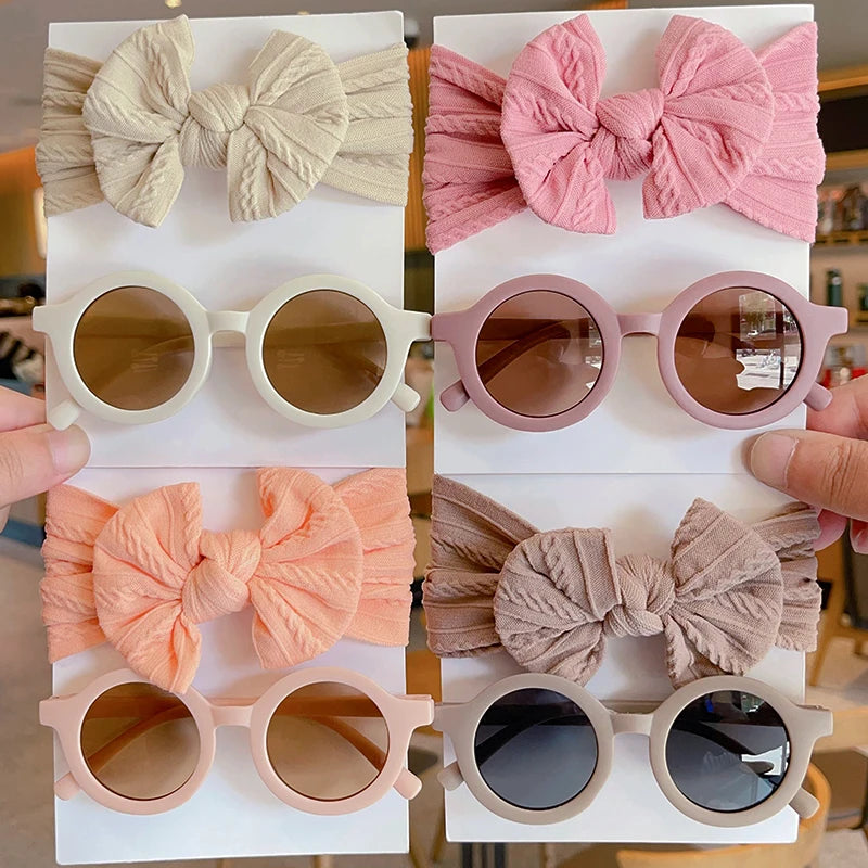 New Children Solid Color Cotton Bowknot Wide Hairband Round Sunglasses Set