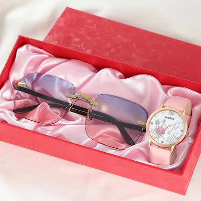 Women's Watch & Glasses Set - Elegant Quartz Timepiece & Chic Eyewear