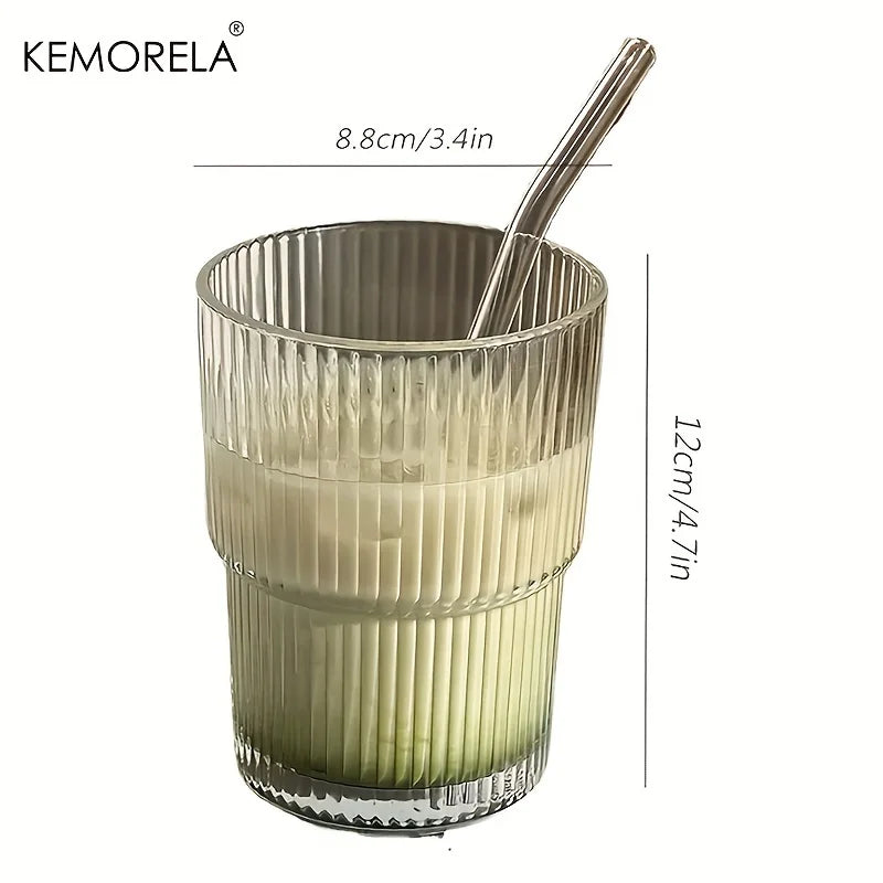 Stripe Glass Cup With Lid and Straw