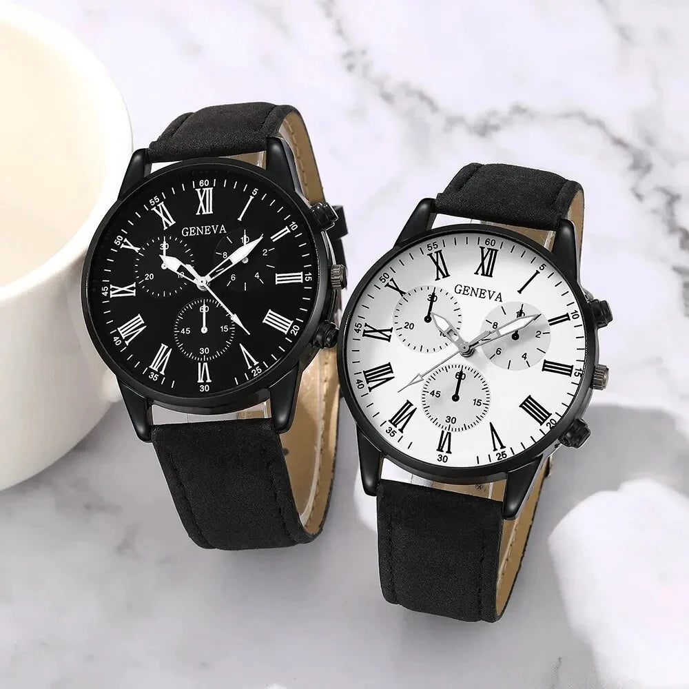 Matching Couple Quartz Watches – Stylish Roman Numeral Design with Leather Bands