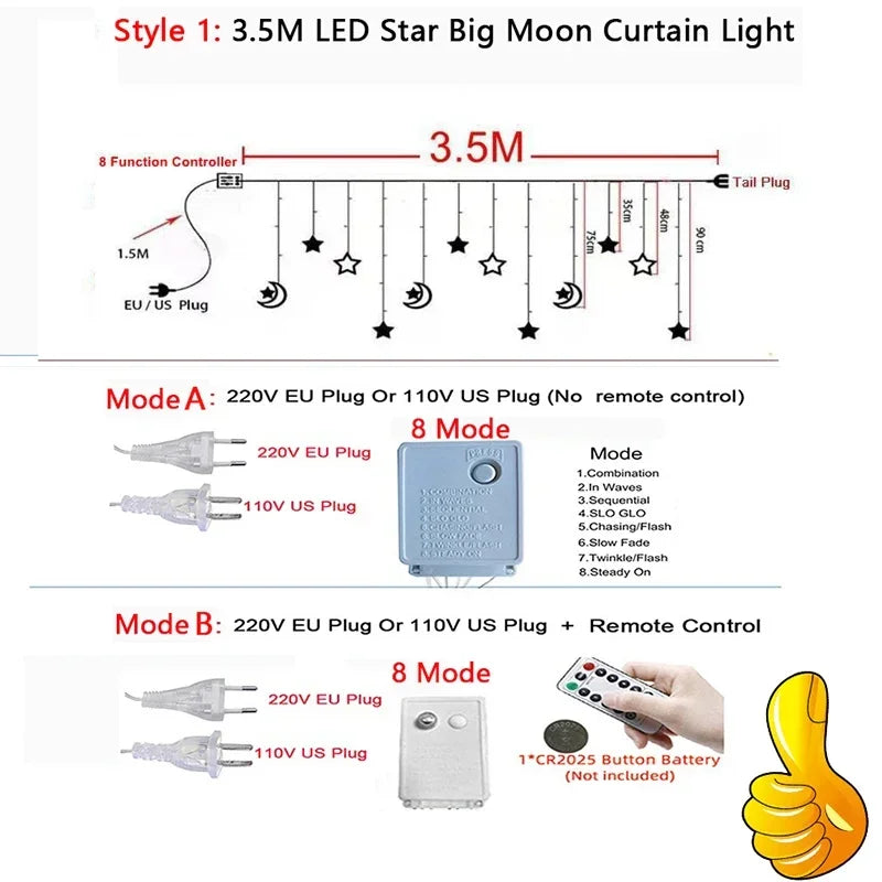 Star Moon Led Curtain Garland String Light